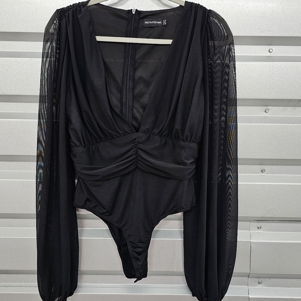 Pretty Little Thing Black Plunge Ruched Sheer Sleeve Bodysuit